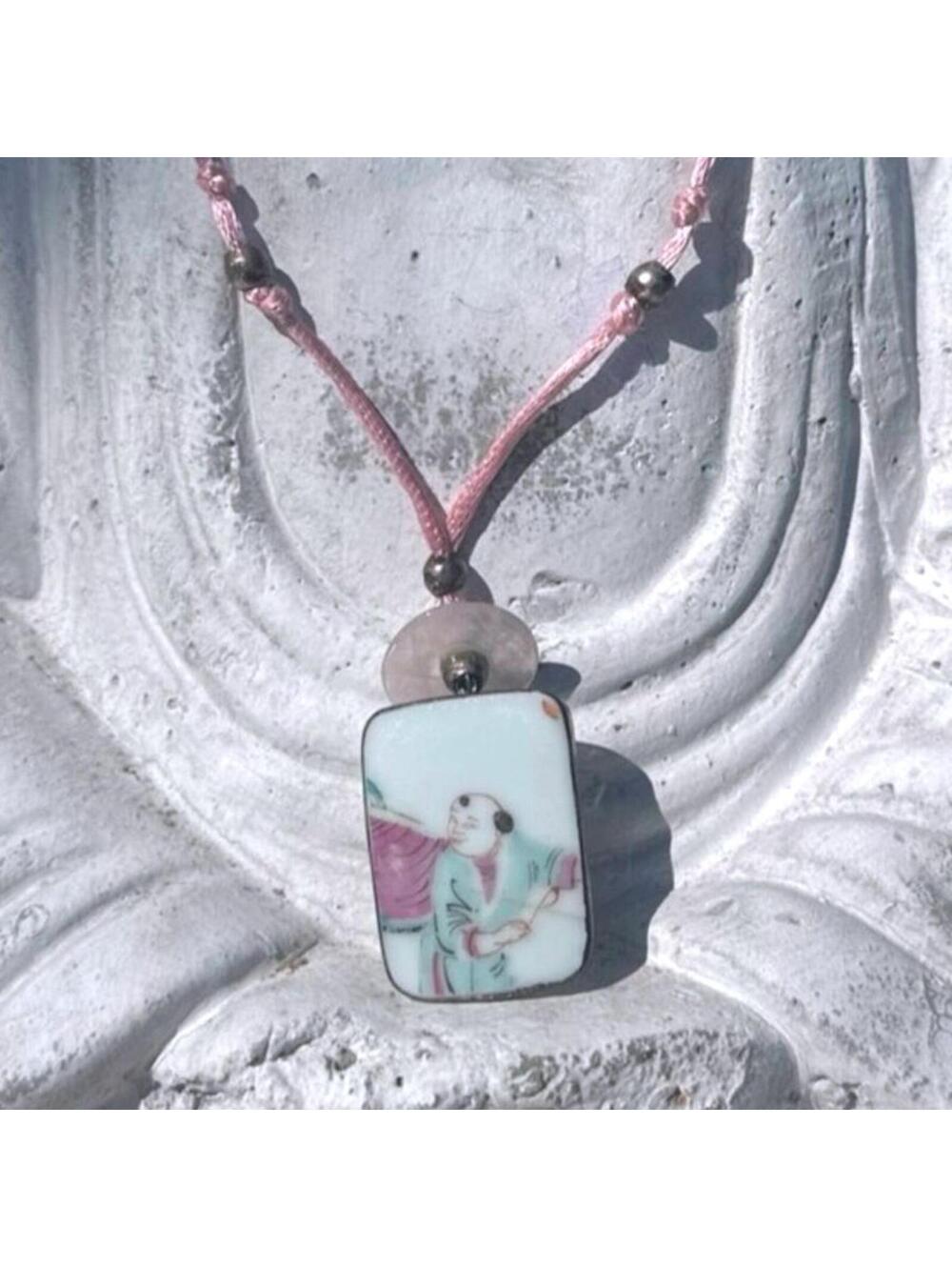 Vintage to Antique Porcelain Tile Pendant Shard Jewelry w/ Rose Quartz Necklace